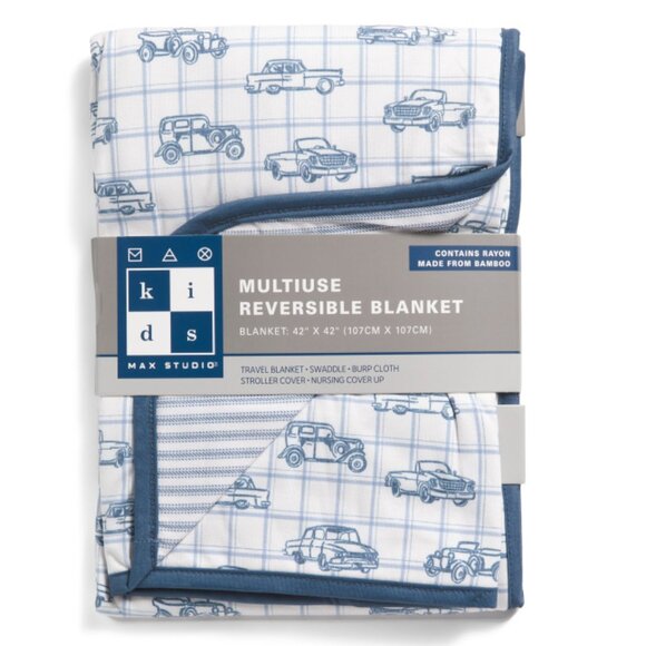 MAX STUDIO Blue Terrin Vintage Cars Stroller Blanket - Picture 1 of 2